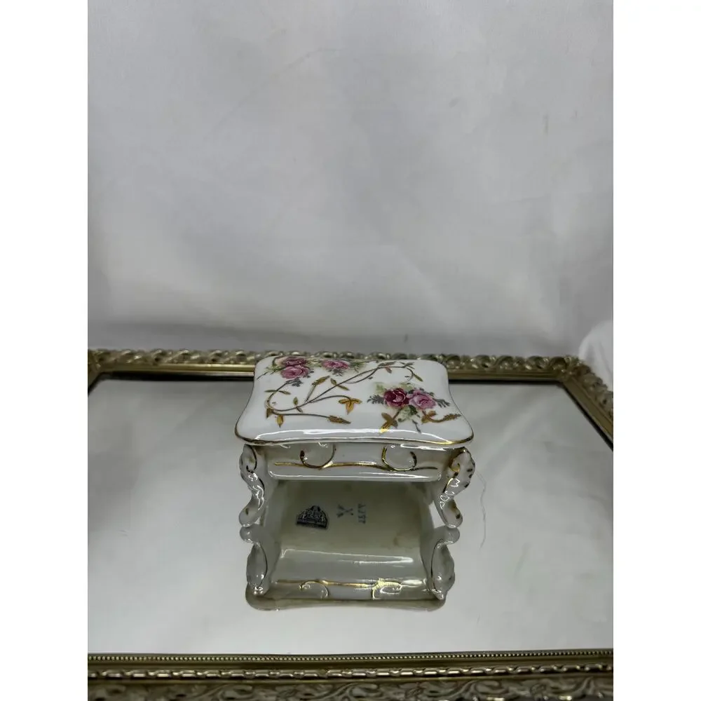 Vtg Arnart Creations Lidded Footed Trinket Dish w/ Gold Trim and Rose Transfer